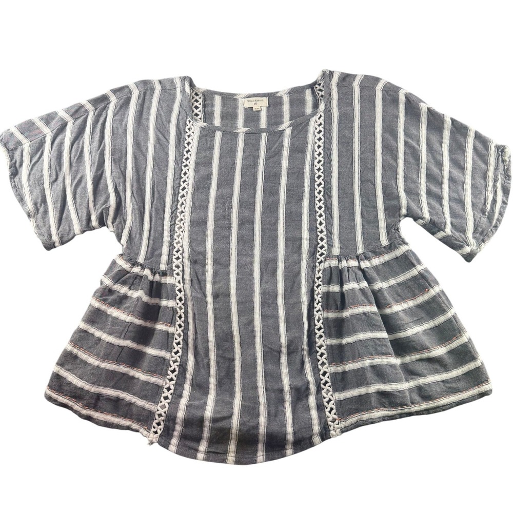 World Market Boho Striped Crochet Trim Peplum Top Grey White SM